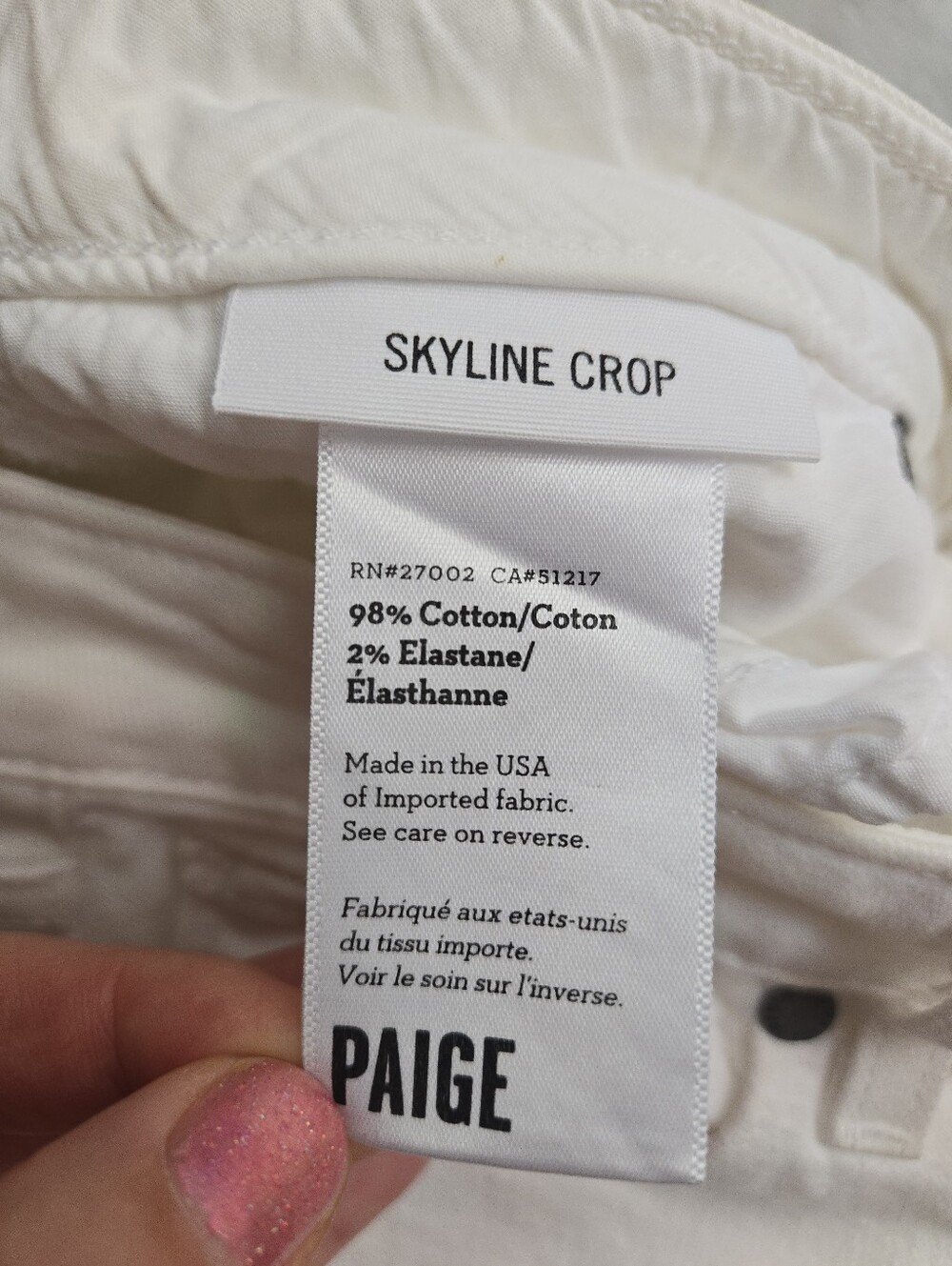 PAIGE Skyline Crop Optic White Cotton Stretch Denim Jeans Rolled Hem CW3 - Picture 4 of 12